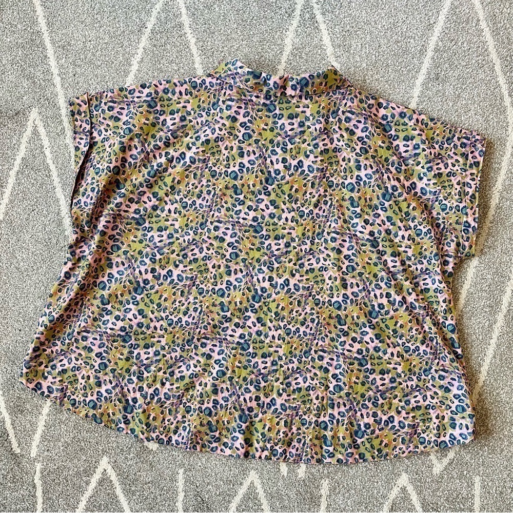 Handmade Cotton Oversize Boxy Pink Green Blue Short Sleeve Leopard Print Blouse - Picture 4 of 4